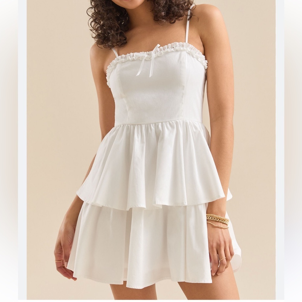 Altar'd State White Rylee Tiered Lace Trim Mini Dress - Size Large (NWOT)